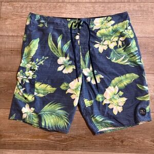 O'Neill Board Shorts Men 38 Blue Tropical Floral Palm Leaf Quick Dry Swim Trunks